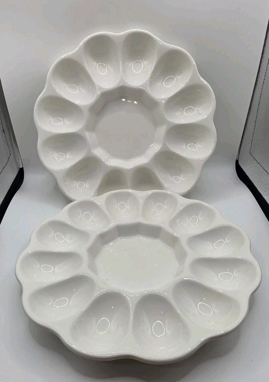 Set of 2 White Ceramic Deviled Egg Platters 12 Well Scalloped Floral Serving...